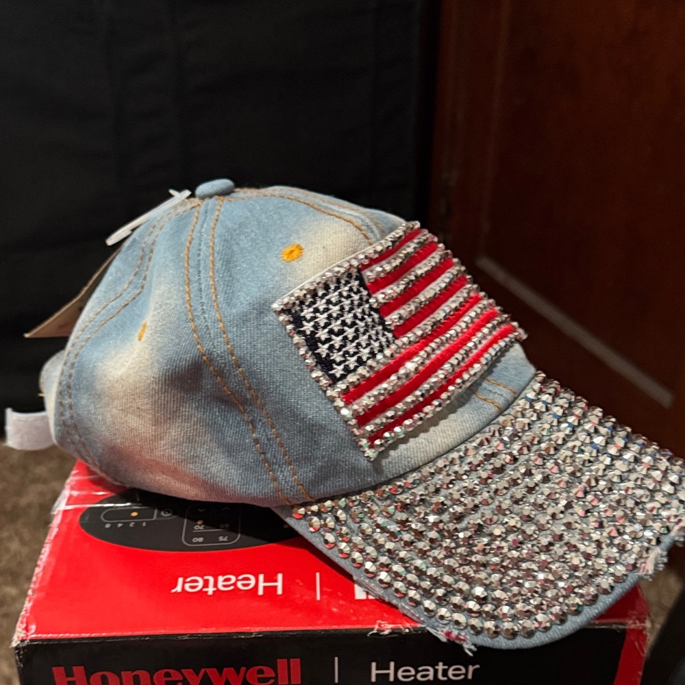 Denim Cap with American Flag and Rhinestones